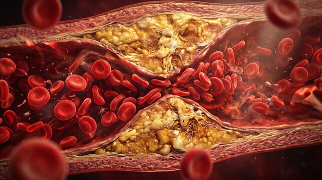 Red blood cells flowing through a human artery with cholesterol plaque blockage