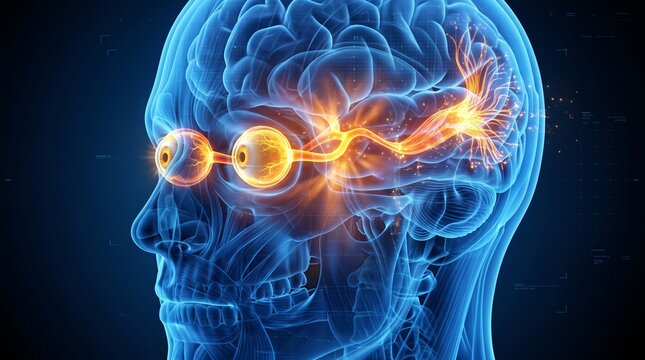 Human head profile showing eye vision nerves and brain connection in glowing blue