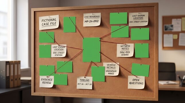 Creative writer organizing fictional mystery case details on office