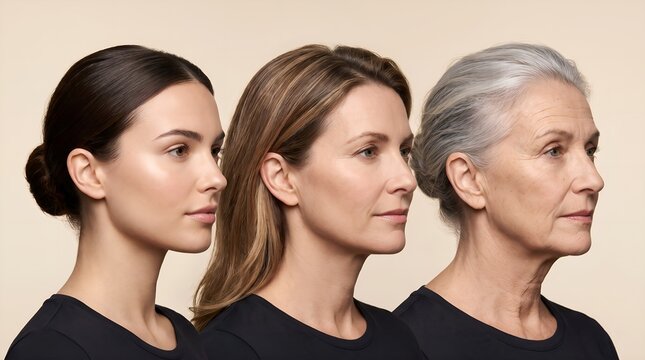 Three women different ages profile view showcasing natural aging skin
