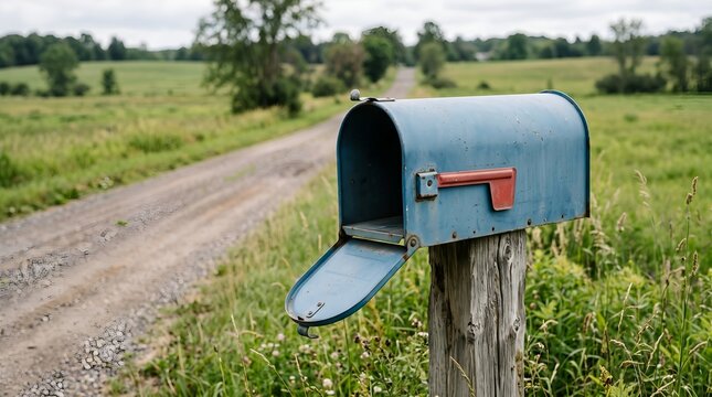 Blue vintage mailbox on wooden post beside rural gravel road in