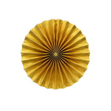 Shiny golden paper fan rosette with intricate folds and a central point, isolated on a clean white background