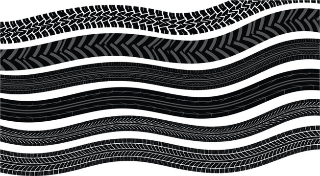 Wavy tire tracks silhouette collection featuring abstract continuous patterns from car truck and motorcycle treads isolated vector illustration