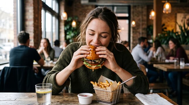 Woman enjoying gourmet burger and fries in cozy modern restaurant