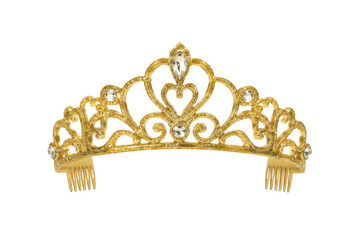Sparkling golden princess tiara with intricate filigree and clear gemstones, photographed on a clean white background © no one