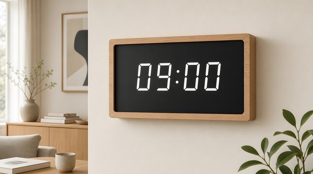 Minimalist Digital Wall Clock Showing 09:00 in a Scandinavian Interior