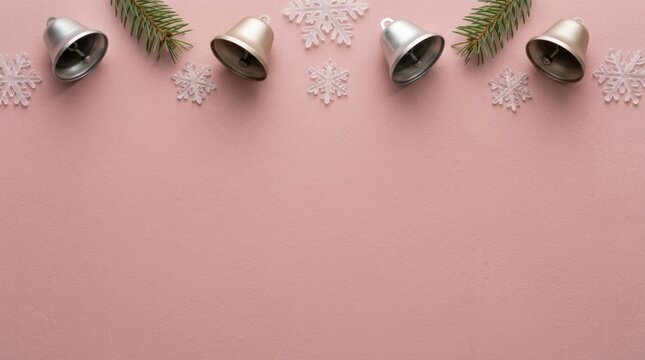 Silver jingle bells and pine branches festive holiday decoration