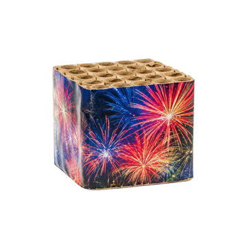 Square multi-shot fireworks cake with empty tubes and a colorful firework design on its sides, isolated on a white background