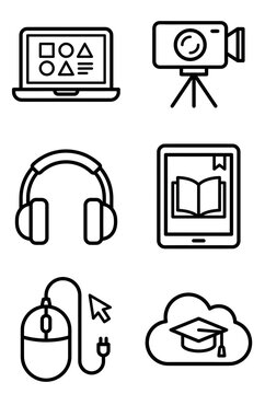 Online learning and e-learning icon set, laptop, video camera on tripod, headphones, tablet e-book, computer mouse, cloud graduation cap, black and white vector line icons