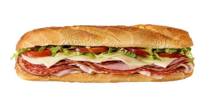 Delicious fresh Italian sub sandwich with various meats, cheese, lettuce, and tomatoes on a long baguette, isolated on a clean white background