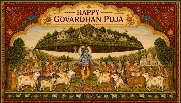 Traditional painting of lord krishna lifting govardhan hill with villagers and cattle celebrating the sacred hindu festival