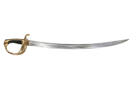 Elegant antique cavalry saber with a curved steel blade and ornate golden hilt, isolated on a clean white background