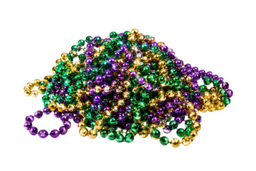 Vibrant pile of shiny Mardi Gras beads in purple, green, and gold colors, isolated on a clean white background © no one
