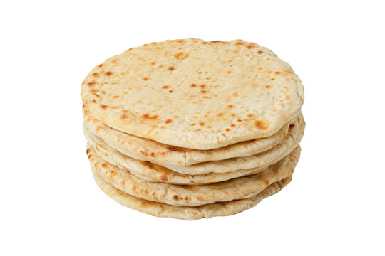 Stack of freshly baked, round, golden-brown flatbreads with slight charring, isolated on a clean white background