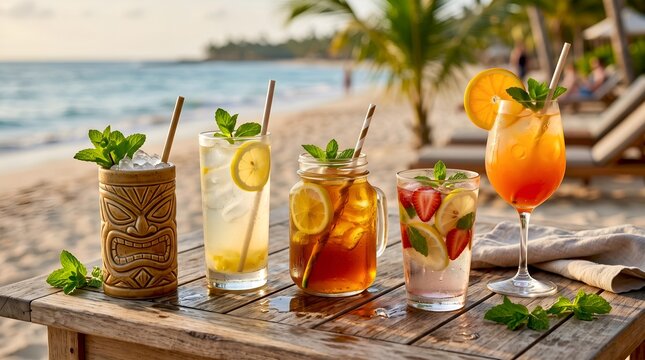 Refreshing tropical beach cocktails served on wooden table by ocean