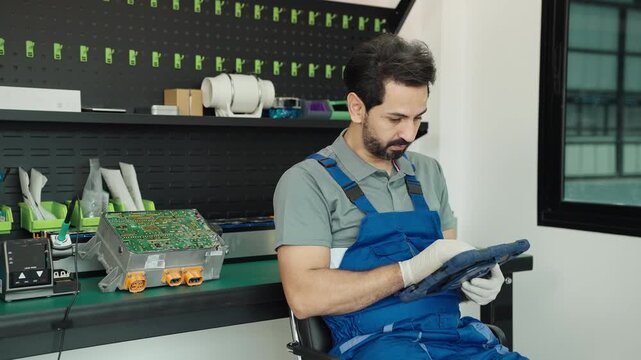 Two technicians are repairing an electric car. They are checking the electric car's battery.