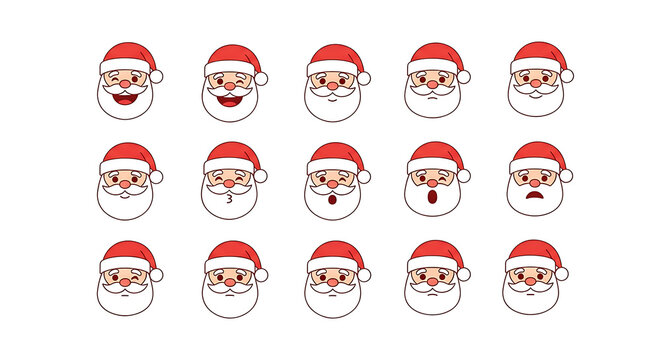 Santa Claus Christmas Cartoon Faces Expressing Various Emotions and Festive Moods Ideal for Holiday Design and Seasonal Illustrations