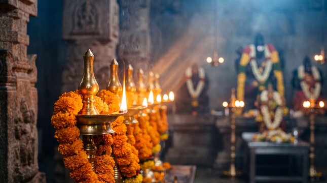 Gita Jayanti, a view of a magnificent Hindu temple with devotees reciting Bhagavad Gita together, decoration of oil lamps and marigold flowers adorning the hall