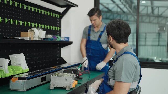 Auto technician servicing an electric car battery pack on a workbench in a garage, with vehicles and coworkers in the background during diagnostics and repair.