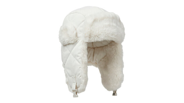 White ushanka hat, traditional trapper silhouette with thick padded crown, plush ear flaps and soft insulated lining, photorealistic apparel product photography, slight high-angle view, tack-sharp