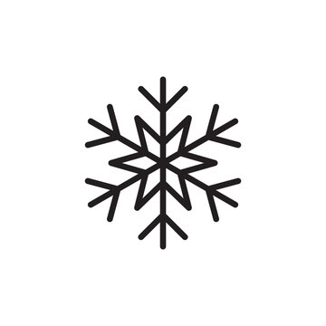 Simple black and white line icon of a snowflake crystal for winter design.