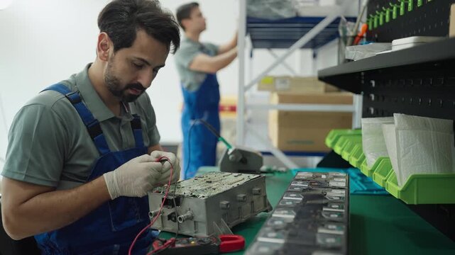 Technician adjusting complex wiring of an electric vehicle battery with precision