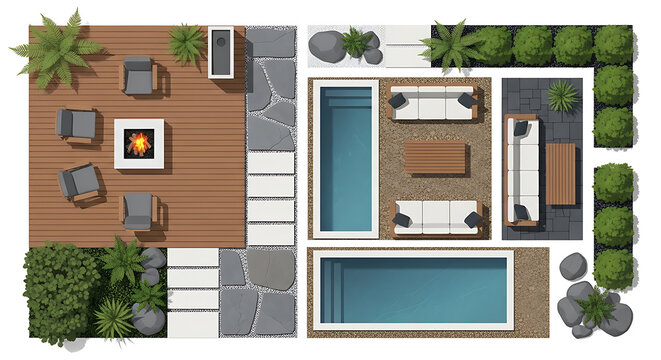 Top View of Modern Backyard Design Featuring Swimming Pool Patio and Outdoor Living Spaces for Home Relaxation