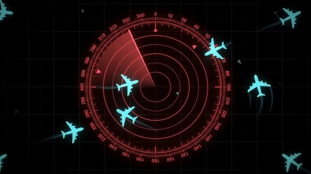 Radar screen displaying multiple aircraft flight paths for navigation control a digital display shows various airplane targets moving across a coordinate grid to assist