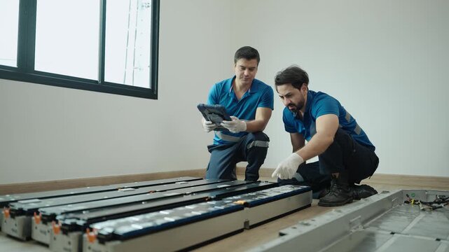 Technician wearing protective gloves services an electric vehicle battery pack in an auto workshop, inspecting modules and connections with tools beside a car.