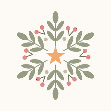 Botanical folk snowflake with orange star and green leaf branches vector.