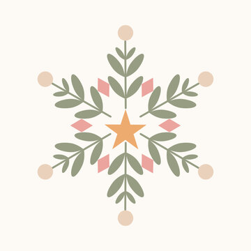 Nordic folk snowflake ornament with orange star and green leaves vector.