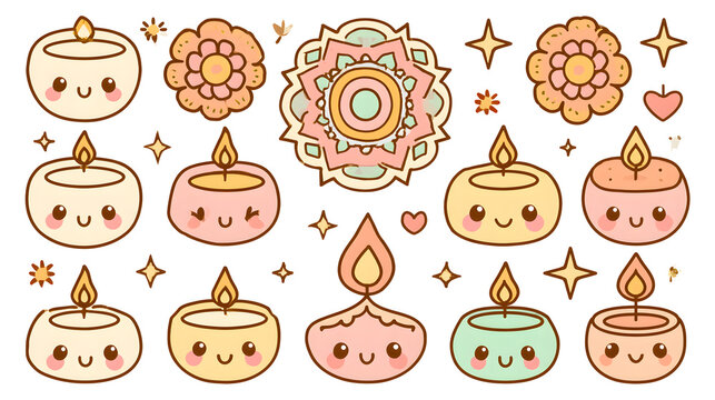 A beautiful kawaii clipart bundle featuring pastel floral rangoli designs, smiling diyas, cute marigold blossoms, lotus flowers.