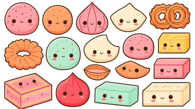 A delightful kawaii Indian sweets clipart collection featuring smiling laddoos, modaks, jalebis, gulab jamuns, barfi, and decorated mithai boxes.