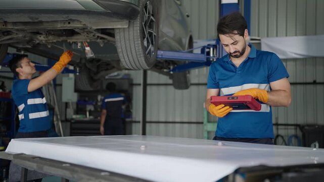 Two technicians are repairing electric cars, checking the batteries at an electric car repair shop.