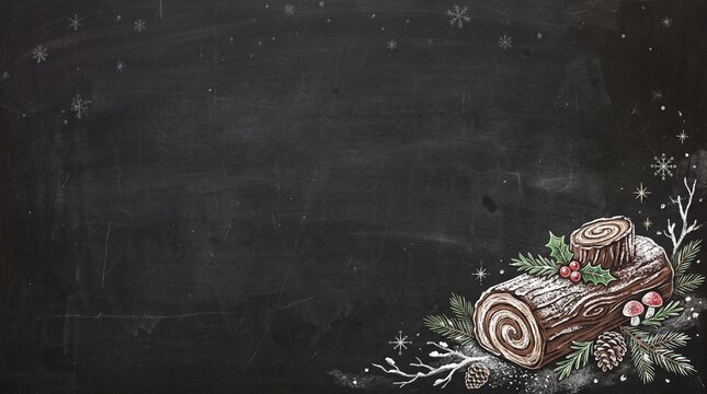 Chalk art style winter background of a B&ucirc;che de No&euml;l on a blackboard, horizontal copy space