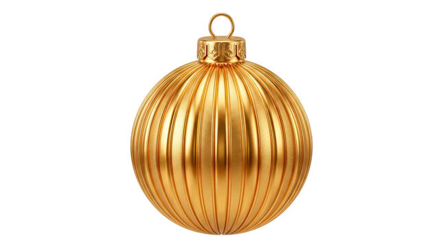 Christmas ornament, photorealistic golden spherical bauble with elegant ribbed stripes and integrated round hanging loop, polished metallic finish and classic festive styling, front three-quarter