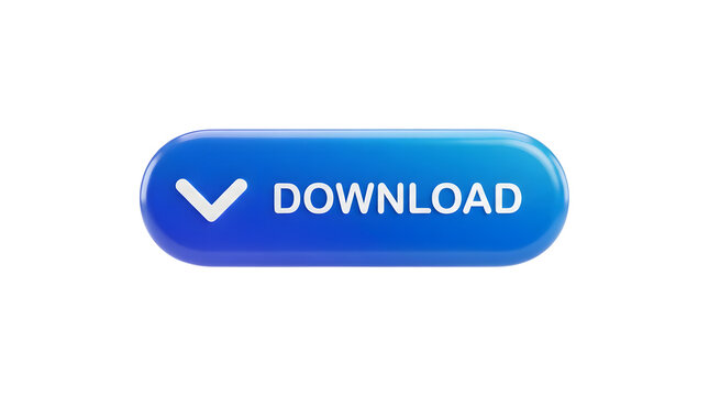 3D rendered blue pill-shaped button isolated on white featuring a white downward pointing chevron arrow icon next to the bold capital text DOWNLOAD with smooth rounded corners and soft lighting