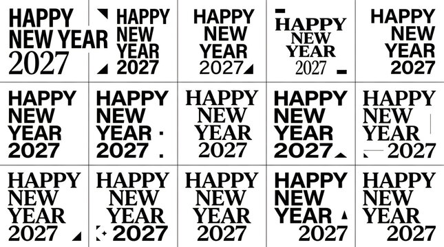 Multiple repeated black text stamps saying happy new year 2027 on white background