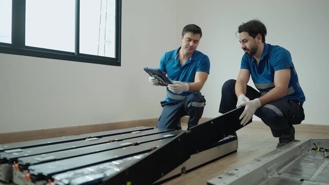 Two technicians are repairing an electric car, checking the battery, and communicating using a laptop.