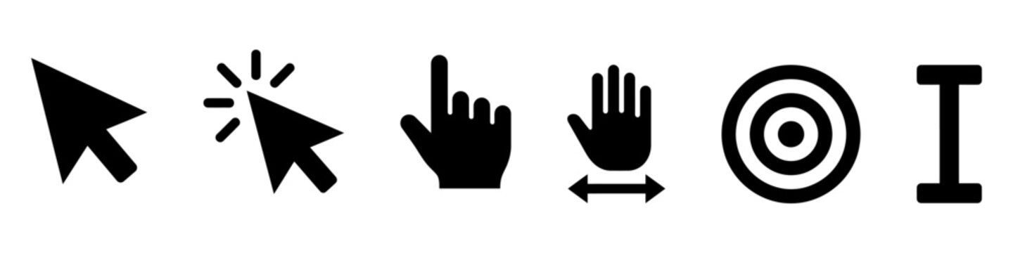 Computer mouse cursor icons black arrow pointer click hand grasp target and text input for screen navigation task.