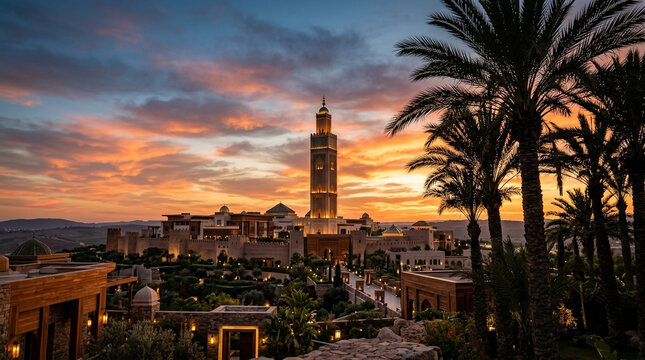 A tall mosque tower stands majestically against a vibrant orange and purple sunset sky in a city landscape