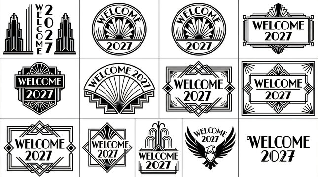 Set of decorative welcome 2027 labels and badges with vintage art deco style
