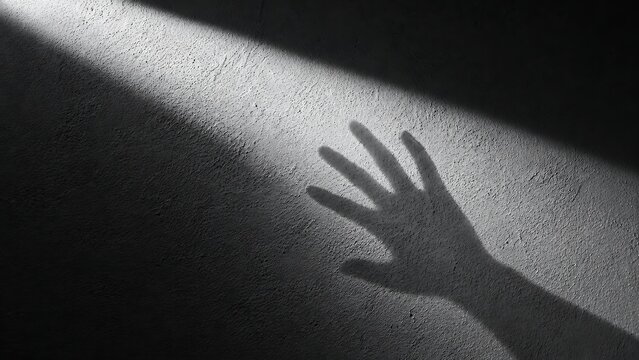 Halloween background featuring a hand's shadow on a wall, a hand with its shadow, an overlay effect of a hand's shadow, a hand silhouette, and eerie, terrifying hands.