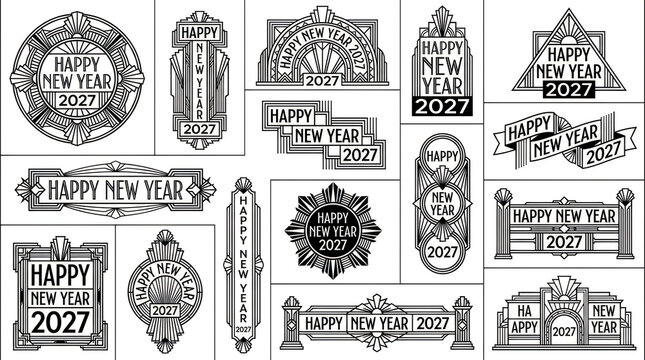 Collection of vintage style happy new year 2027 labels and decorative typography elements