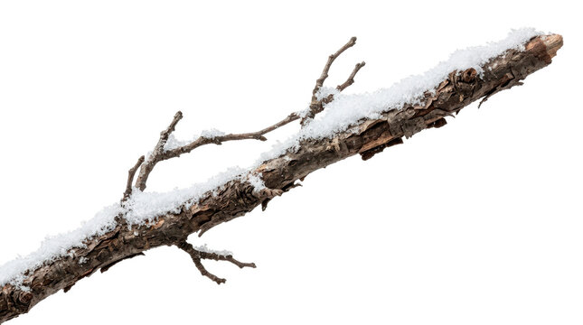Snow-covered dry branch, photorealistic weathered bare twig with natural rough bark and a thin uneven coating of fresh white snow. Three-quarter botanical studio view, crisp sharp focus,