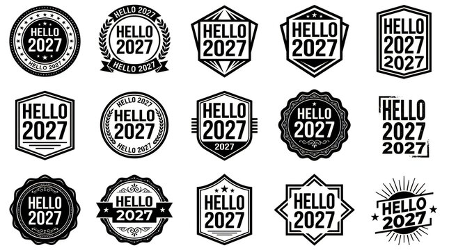 Set of fifteen black and white vintage style logos for hello 2027 year