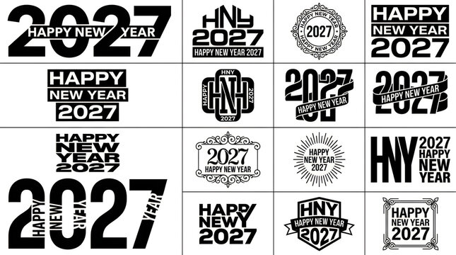 Collection of various black and white happy new year 2027 typography logo designs