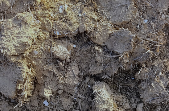 Dry, cracked soil with scattered straw and rough clods of earth in a farm field under sunlight; close-up of dry arable land texture, compacted clay soil, drought conditions, rural landscape.