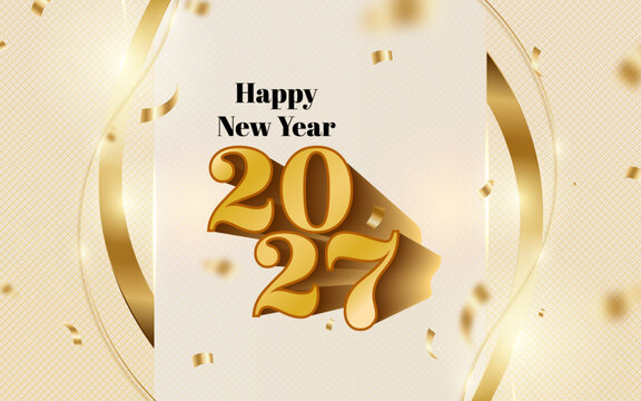 Happy New Year 2027 Elegant Golden 3D Typography with Luxury Ribbons and Confetti on Cream Background