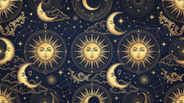 Vintage celestial seamless pattern with golden sun and crescent moon faces